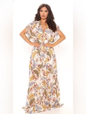 Fashion Nova Cream Maxi Dress with Multicolor Leaf Print 3X
